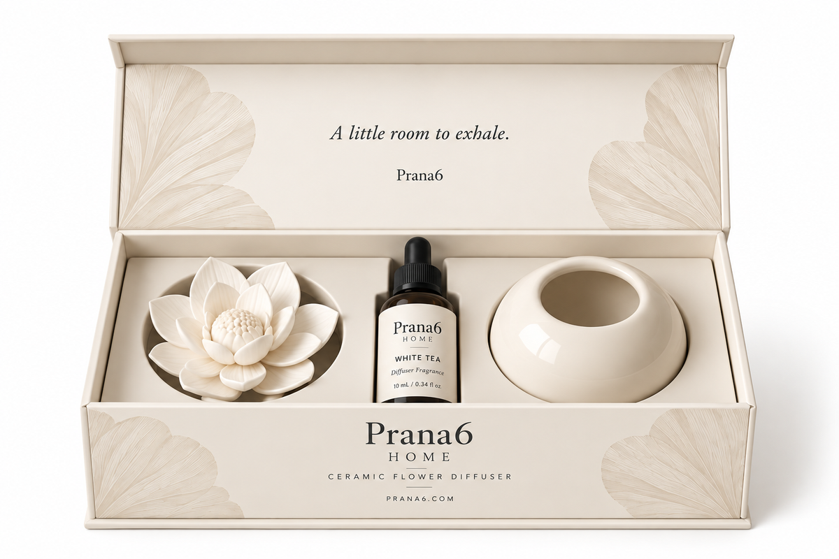 Prana6 Home White Tea — ceramic flower diffuser with base and 10 mL essence