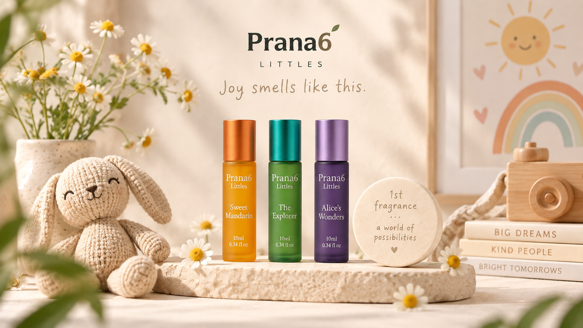 Prana6 Littles roll-on perfumes for kids: Sweet Mandarin, The Explorer and Alice's Wonders.
