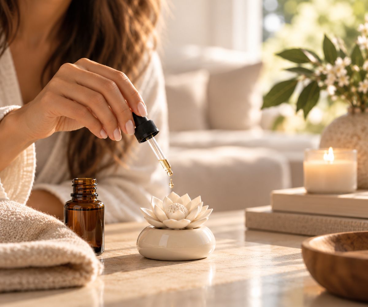 Hand adding drops of Prana6 home fragrance to the white ceramic flower diffuser on a sunlit table.